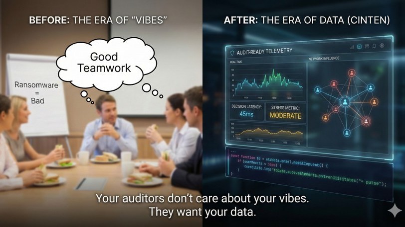 Before-and-after split: a team eating sandwiches in a meeting with a 'Good Teamwork' thought bubble, next to an audit-ready telemetry dashboard showing decision latency and stress metrics.