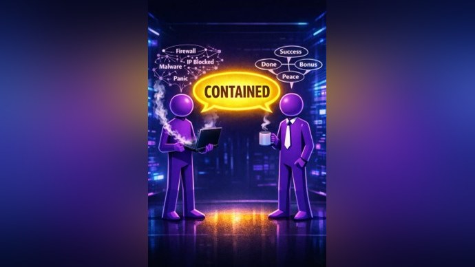 Two stick figures interpreting the word CONTAINED differently: one sees technical terms like Firewall and Malware, the other sees business outcomes like Success and Peace.