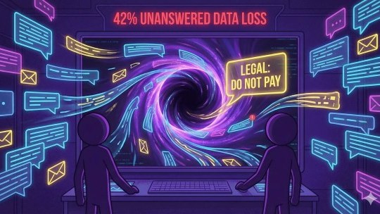 Two silhouetted figures in front of a computer screen consumed by a vortex of chat bubbles, labelled 42 percent unanswered. Data loss.