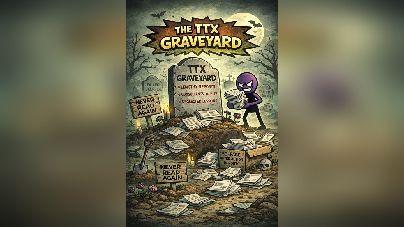 A cartoon graveyard under a full moon. The central tombstone reads 'TTX Graveyard: Lengthy Reports, Consultants for Hire, Neglected Lessons'. A purple figure drags more papers toward signs reading 'Never Read Again' and a box labelled '50-Page After Action Reports'.