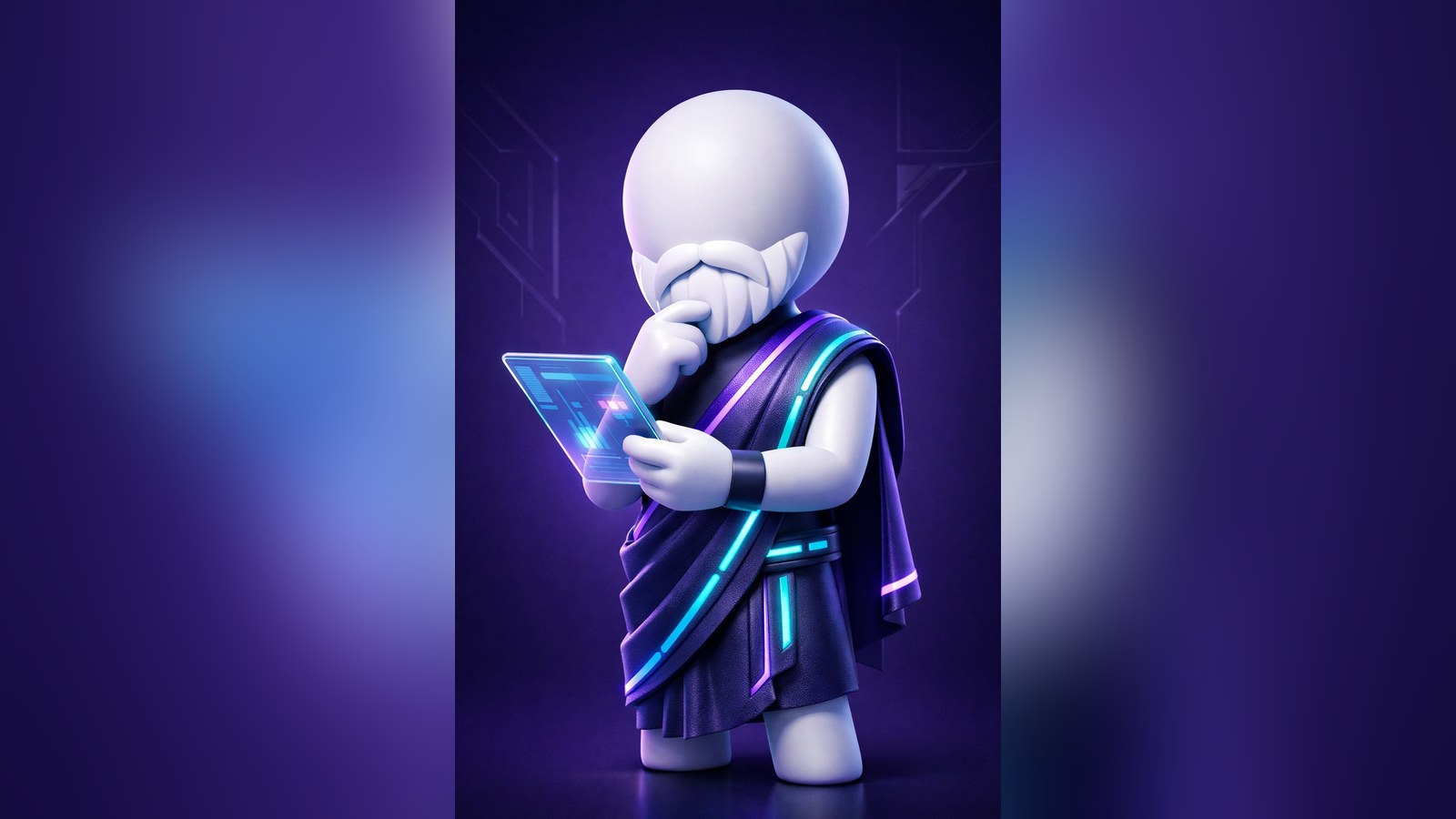 A small stylized figure in a dark robe with cyan and magenta neon trim, holding a glowing translucent tablet, one finger pressed thoughtfully to its face.