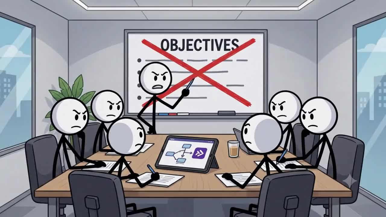 A hand-drawn style illustration of a team meeting mid-tension, objectives crossed out on the whiteboard, teammates reacting with raised voices around the table.