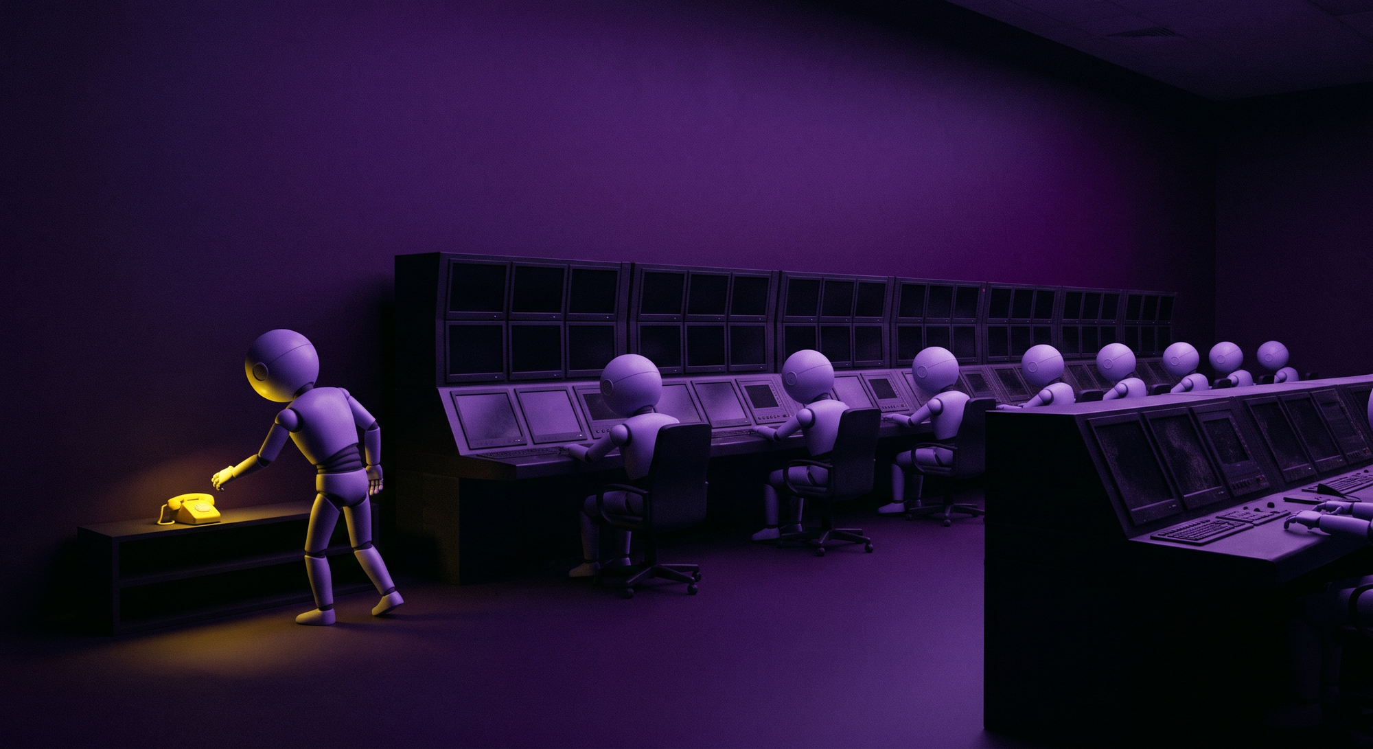 A hand-drawn style illustration titled &lsquo;The fallback.&rsquo; In a dim control room of lavender figures at dead screens, one figure turns away and reaches for a single glowing yellow telephone.